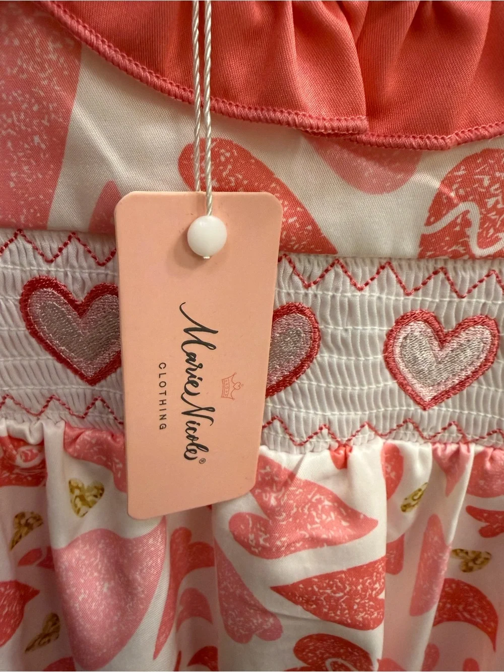 Marie Nicole Girls Pink Heart Smocked Ruffle Long-Sleeve Top
